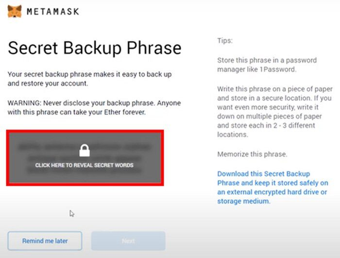 Revealing your seed phrase using Metamask