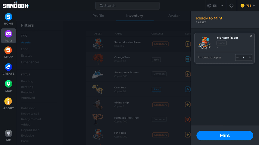 sandbox marketplace mint